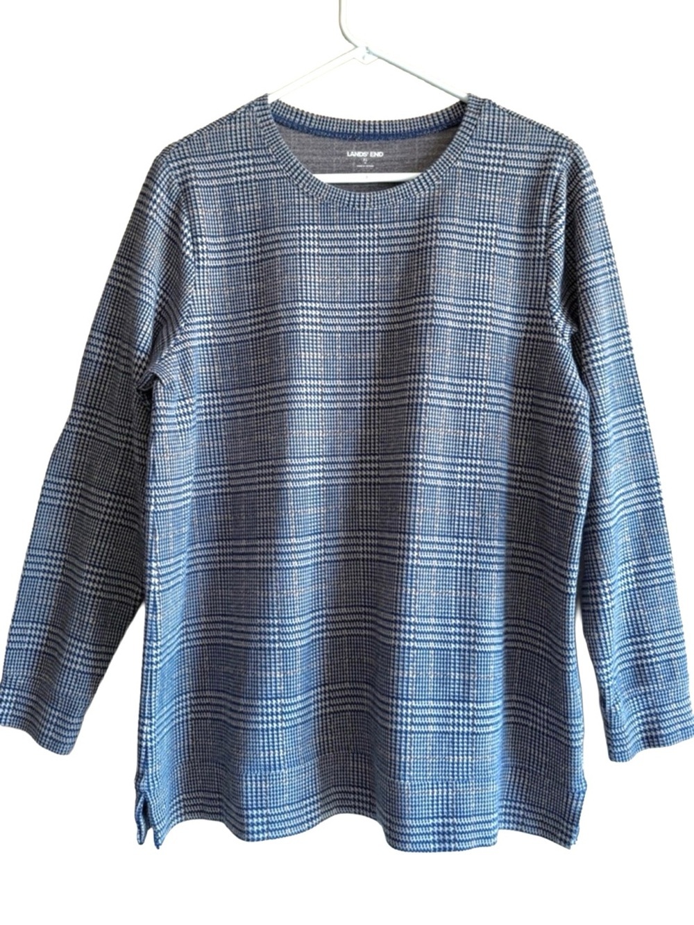Lands’ End Glen Plaid Sweatshirt Women’s XL Navy Tan Crewneck Tunic Top Stretch